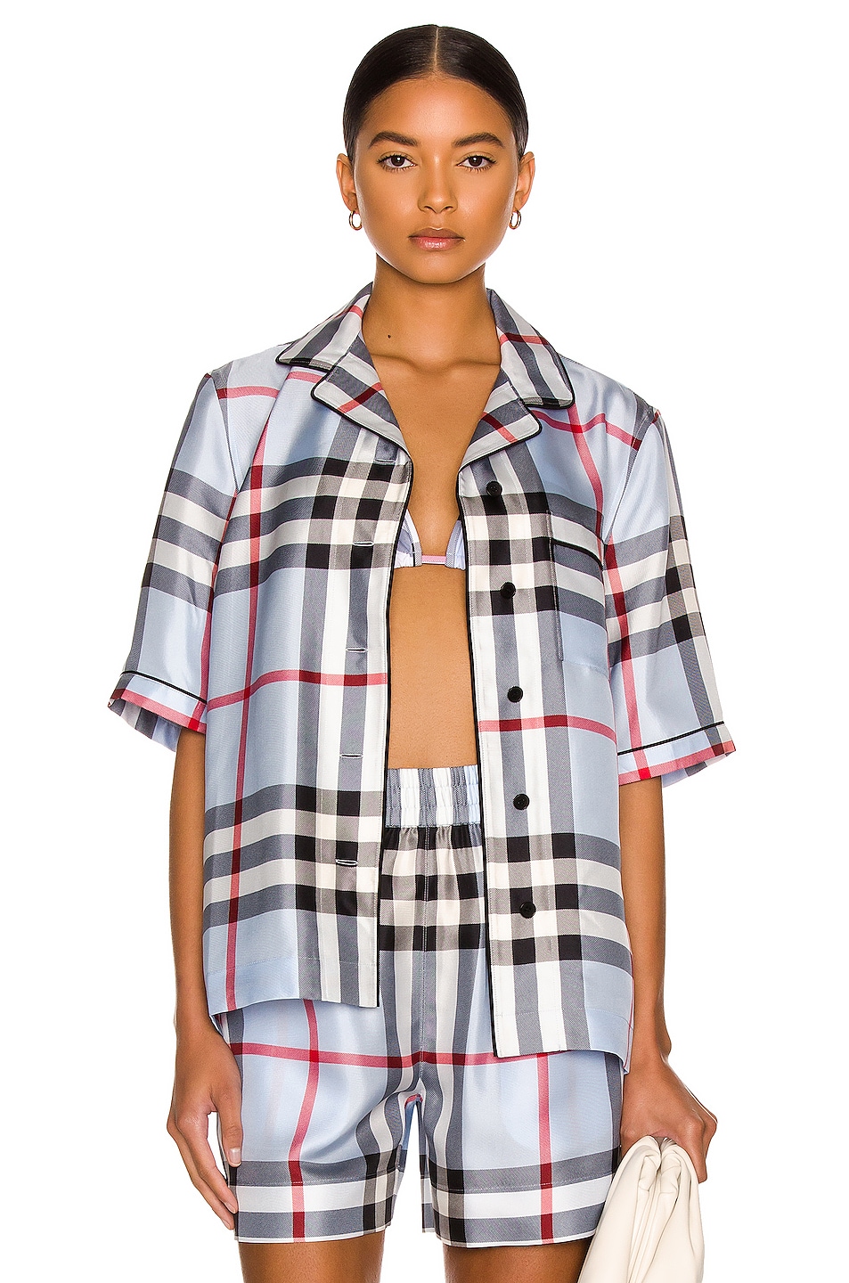 Image 1 of Burberry Tierney Bowling Pajama Shirt in Pale Blue IP Check