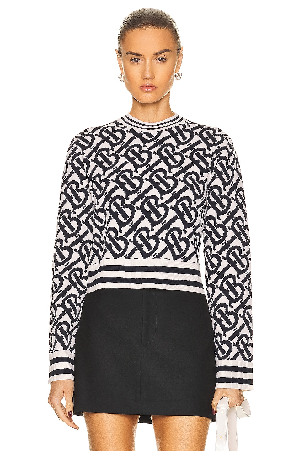 Image 1 of Burberry Mackenzie TB Monogram Cropped Crewneck Top in Natural White