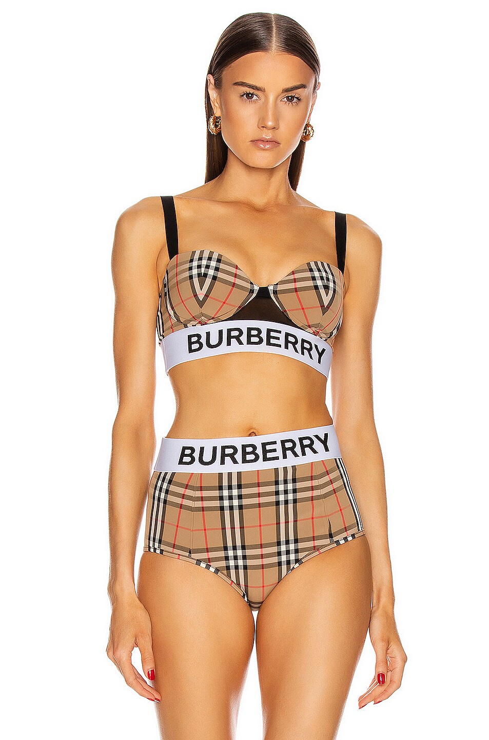 Image 1 of Burberry Corset Bikini Top in Archive Beige Check