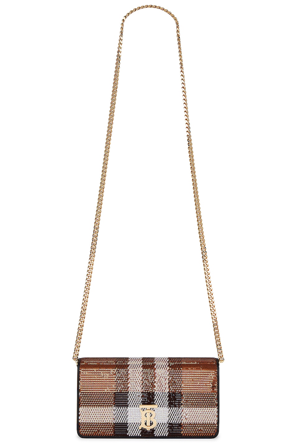 Lola Sequin Check Chain Wallet Bag in Brown