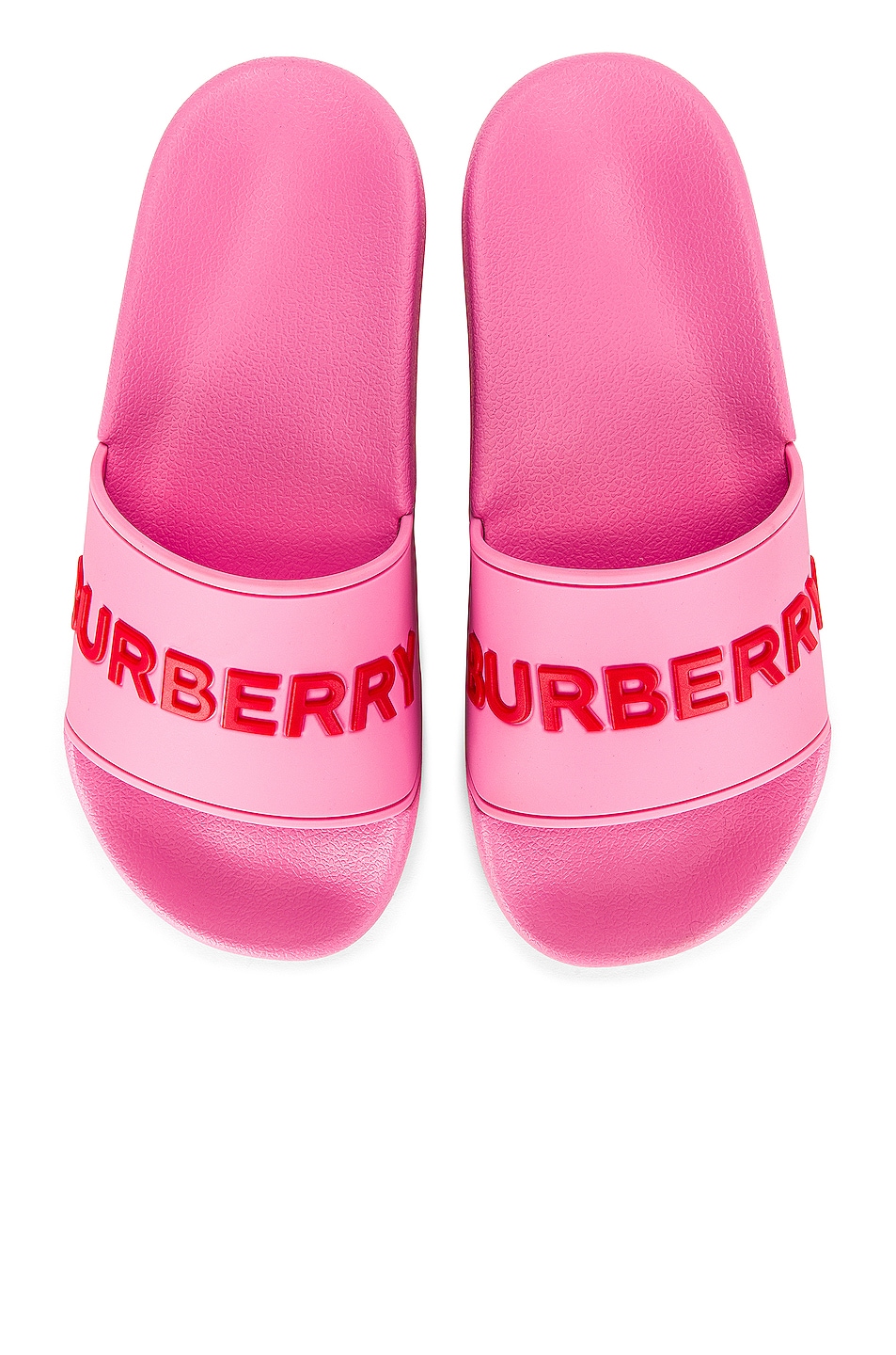 Burberry Furley Text Slides in Bubble Gum Pink | FWRD