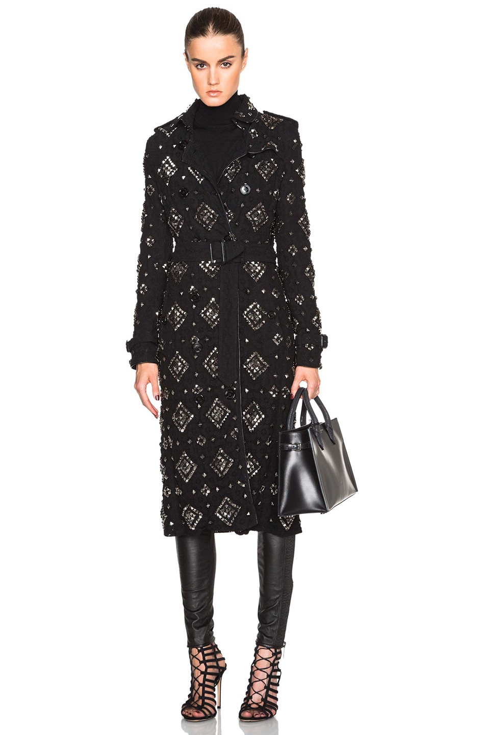 Image 1 of Burberry London Kensington Studded Lace Trench Coat in Black