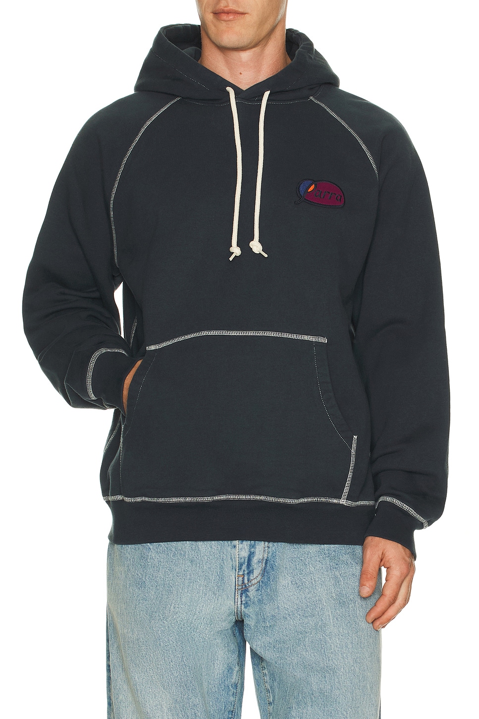 Image 1 of By Parra Circled Script Logo Hooded Sweatshirt in Dark Blue