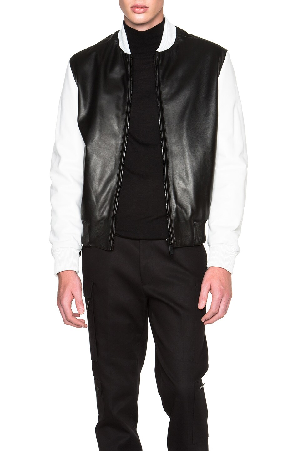 Image 1 of Calvin Klein Collection Iseo Two Tone Leather Plonge Bomber in Black & White