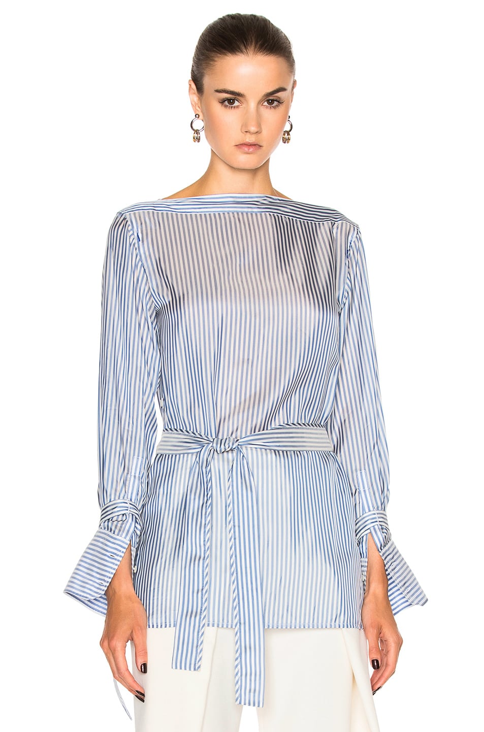 Image 1 of Calvin Klein Collection Keith Bis Boat Neck Belted Cuffed Shirt in Light Blue & White Stripe
