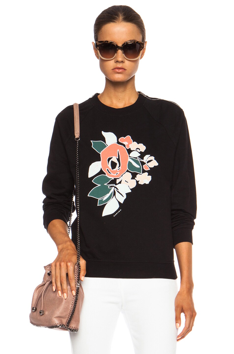 Image 1 of Carven Floral Cotton Sweatshirt with Zipper Detail in Black