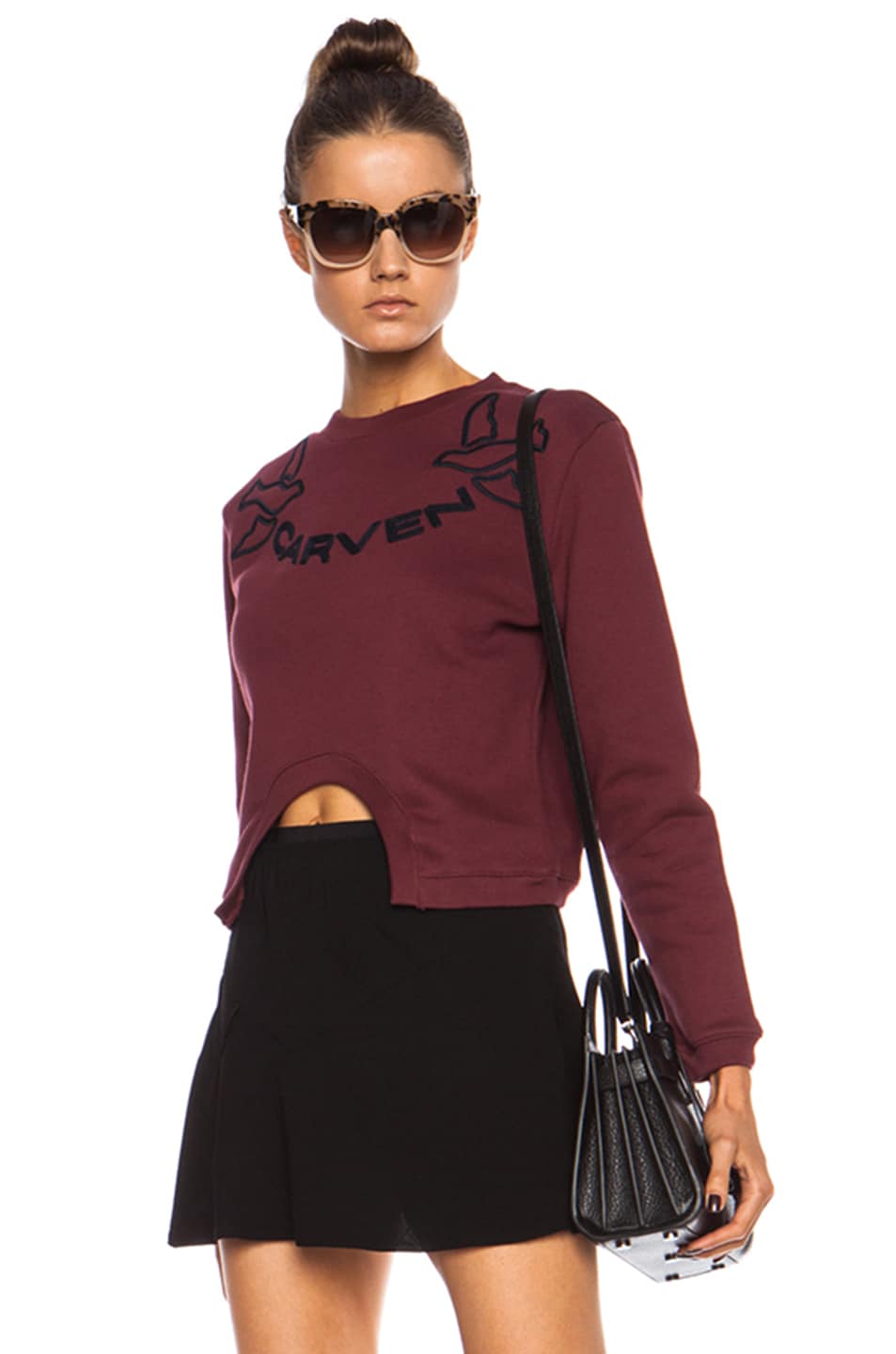 Image 1 of Carven Cropped Front Logo Cotton Sweatshirt in Wine