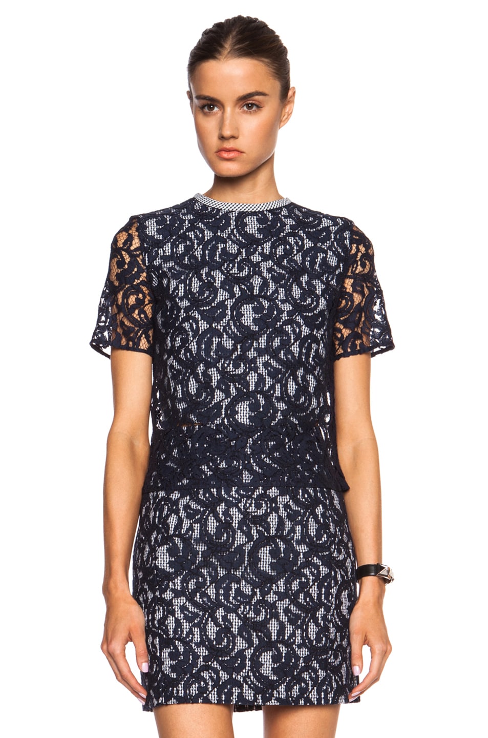Image 1 of Carven Lace Overlay Viscose-Blend Shirt in Navy
