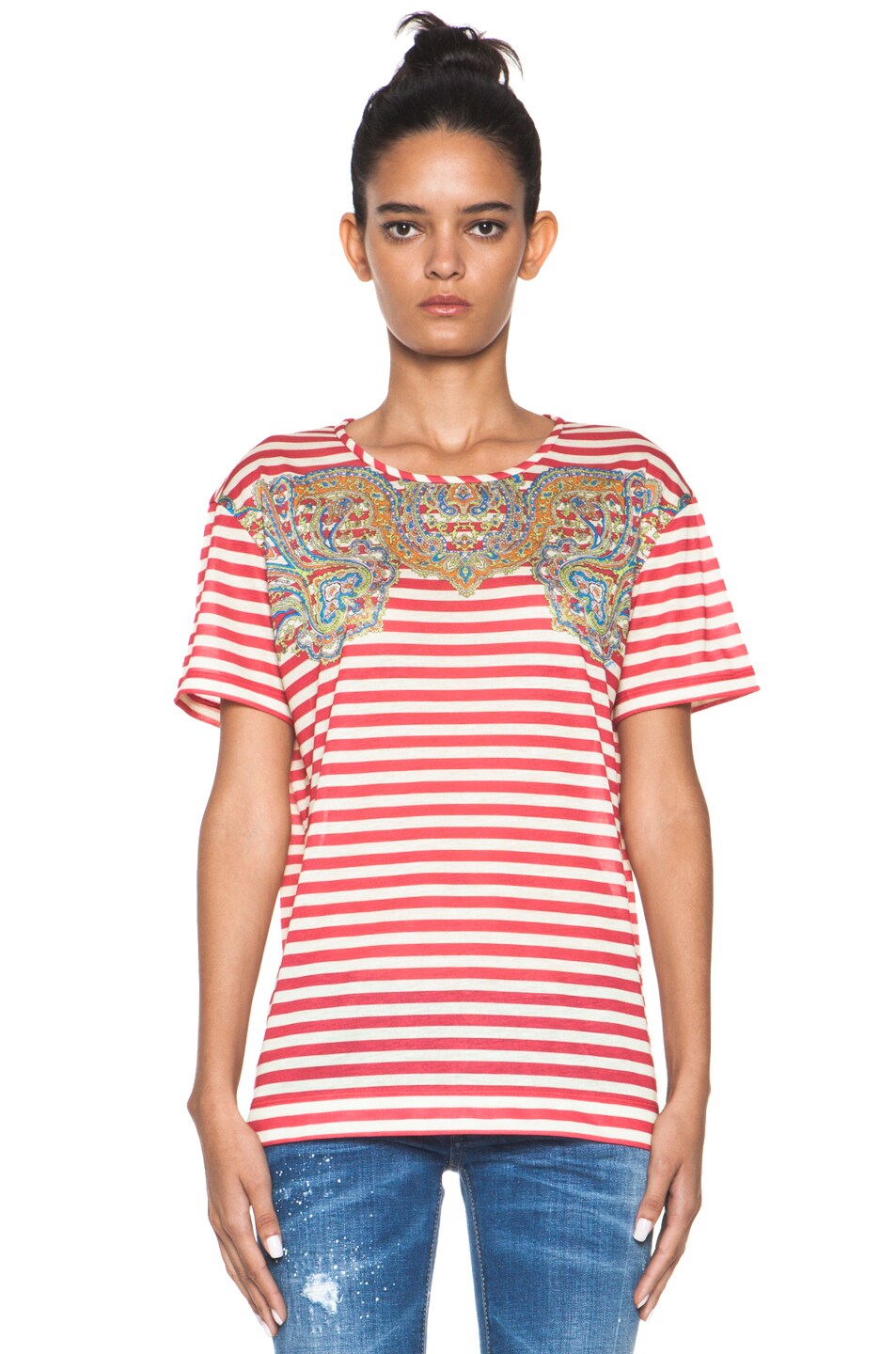 Image 1 of Carven Striped Jersey/Cashmere Tee in Raspberry