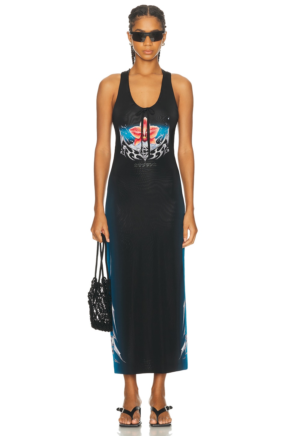 Casablanca Floral Print Midi Dress With Tie Detail In Black