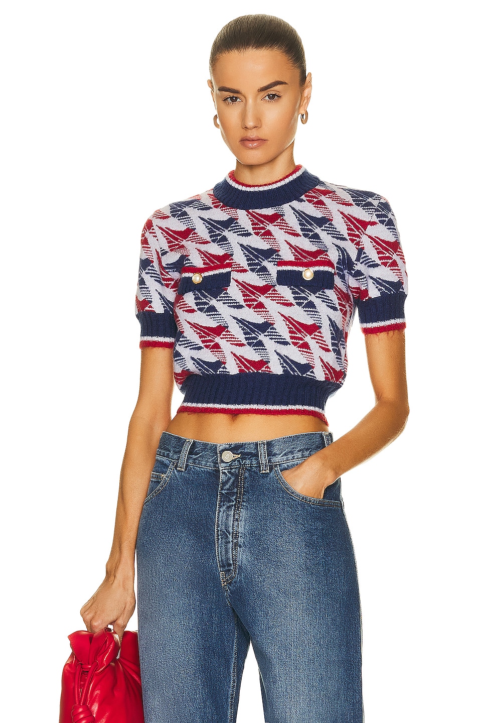 Image 1 of Casablanca Aviation Houndstooth Short Sleeve Cropped Jumper in Red, White, & Blue