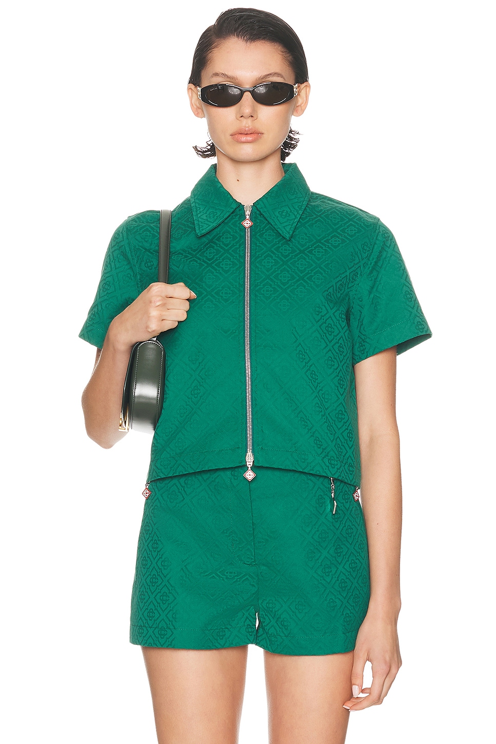 Image 1 of Casablanca Cropped Monogram Zip Up Shirt in Evergreen