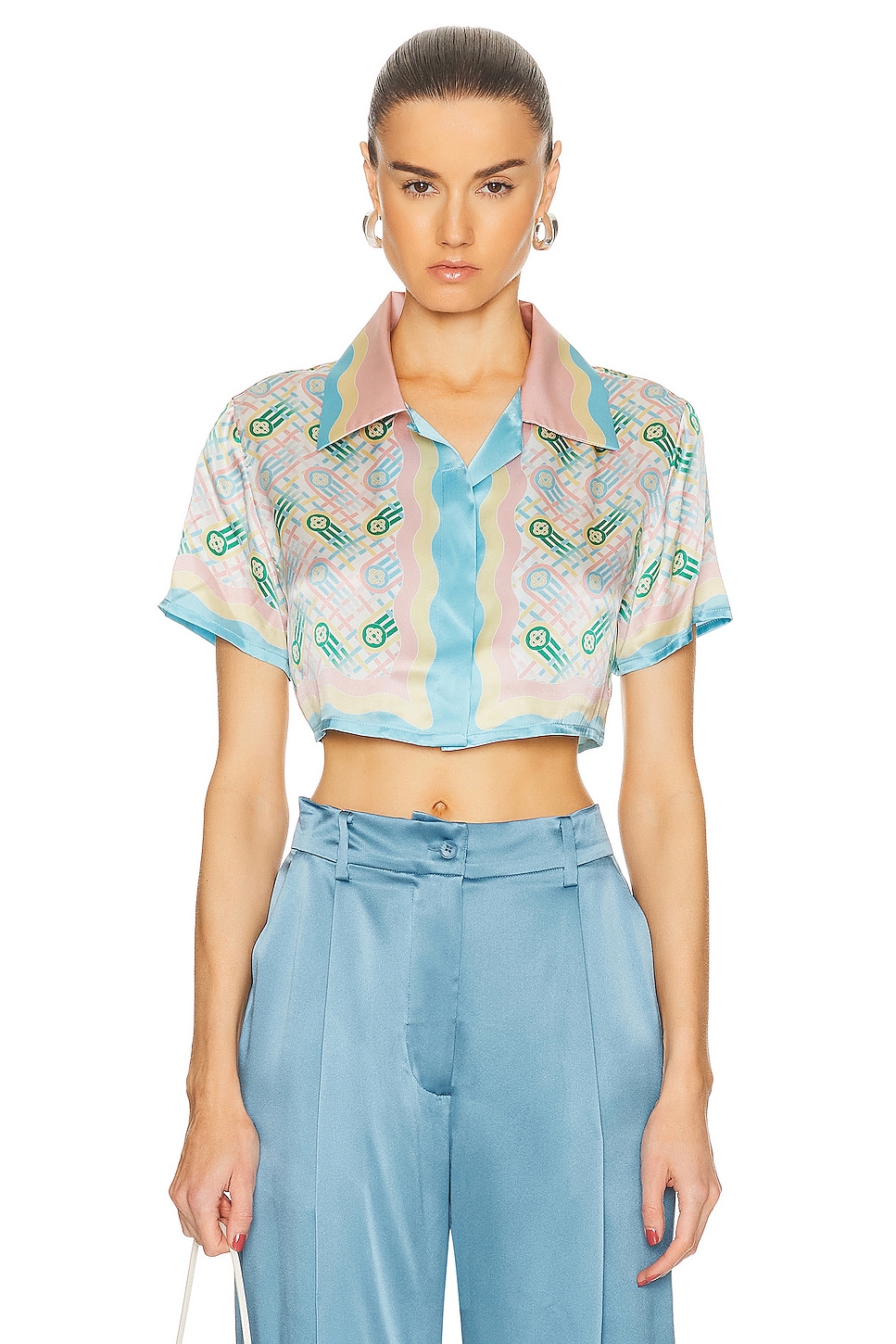 Image 1 of Casablanca Cropped Silk Short Sleeve Shirt in Ping Pong Print