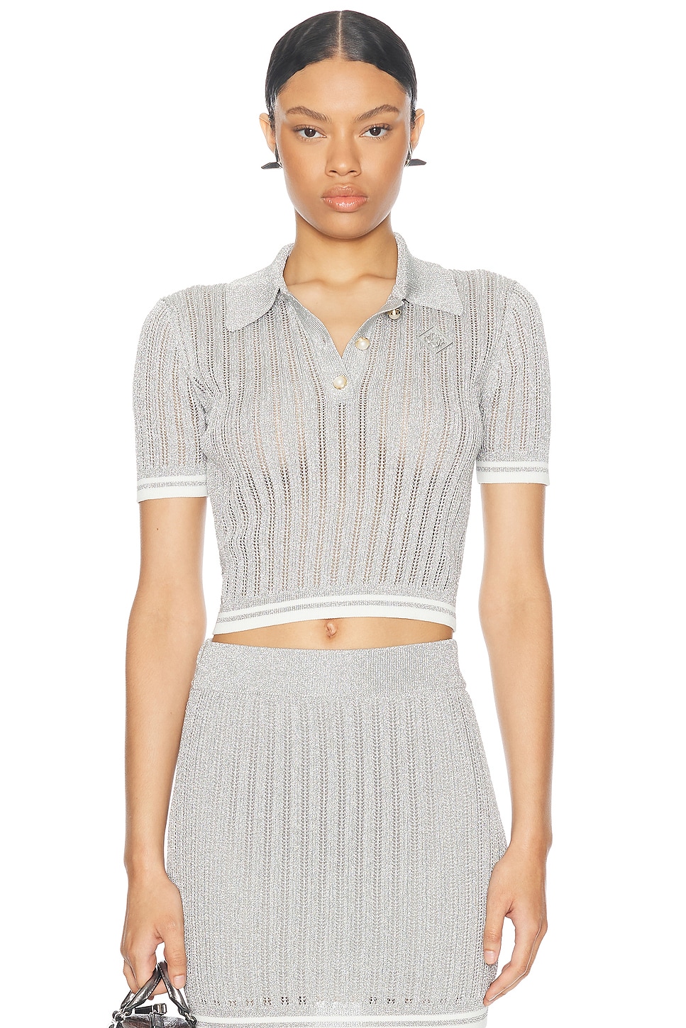 Shop Casablanca Short Sleeve Polo Top In Silver