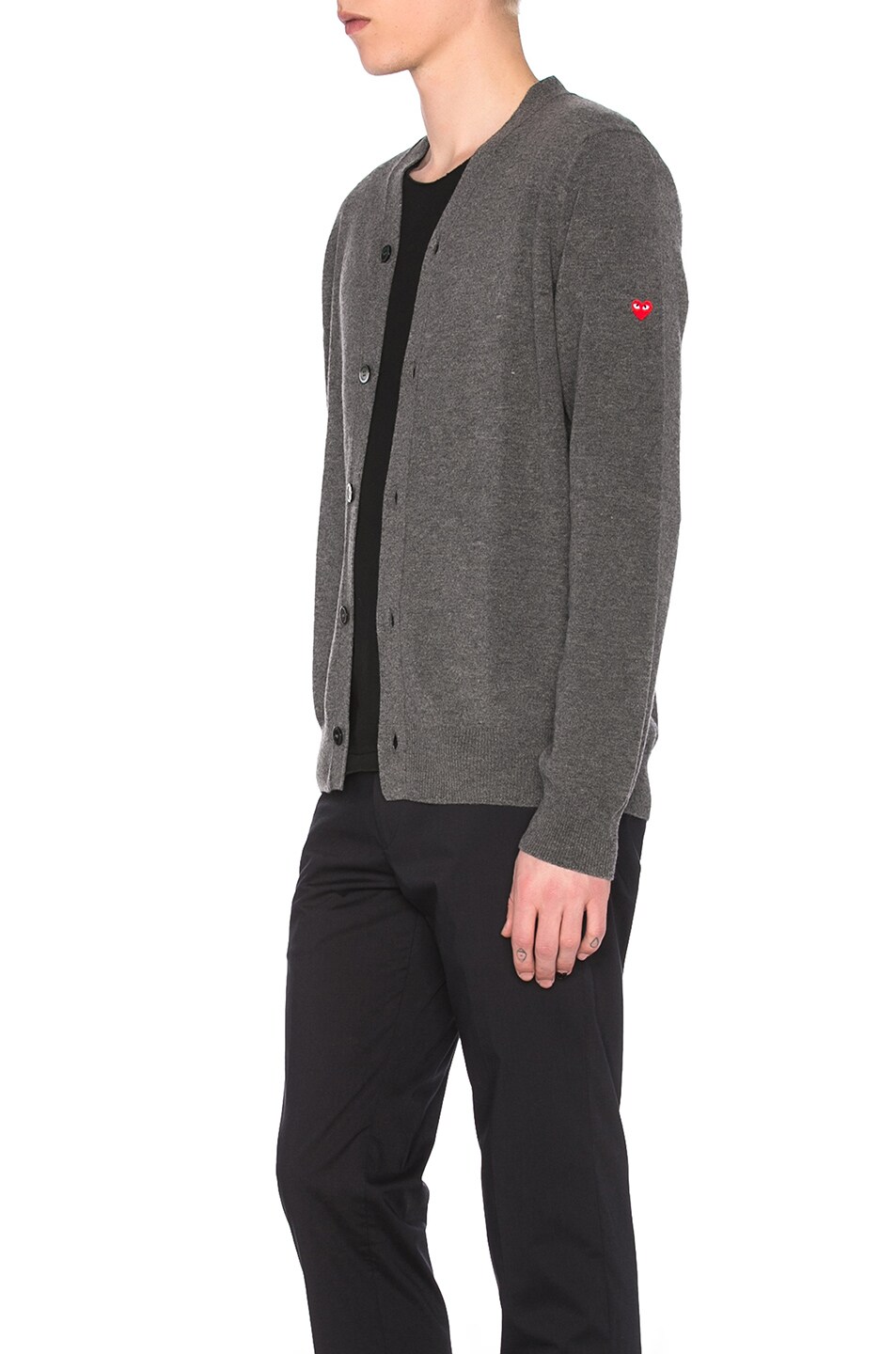 Image 1 of COMME des GARCONS PLAY Lambswool Cardigan with Small Red Emblem Sleeve in Grey