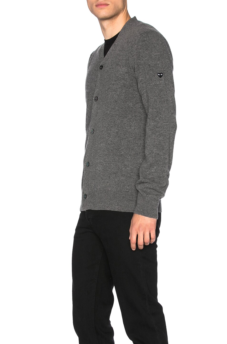 Image 1 of COMME des GARCONS PLAY Lambswool Cardigan with Small Black Emblem Sleeve in Grey