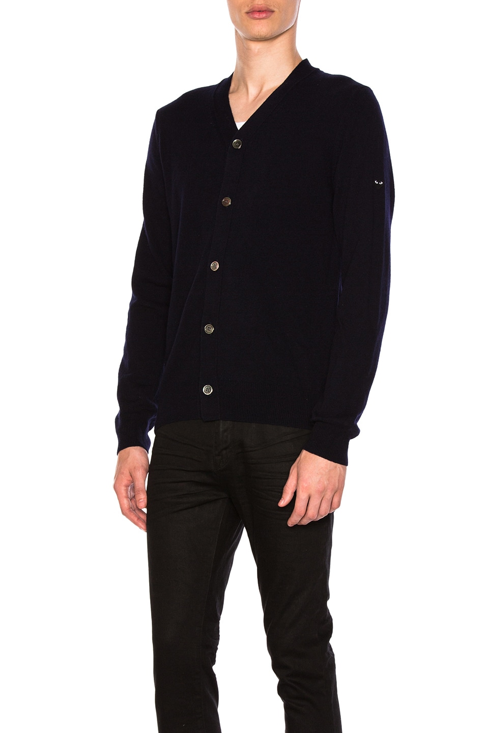 Image 1 of COMME des GARCONS PLAY Lambswool Cardigan with Small Black Emblem Sleeve in Navy