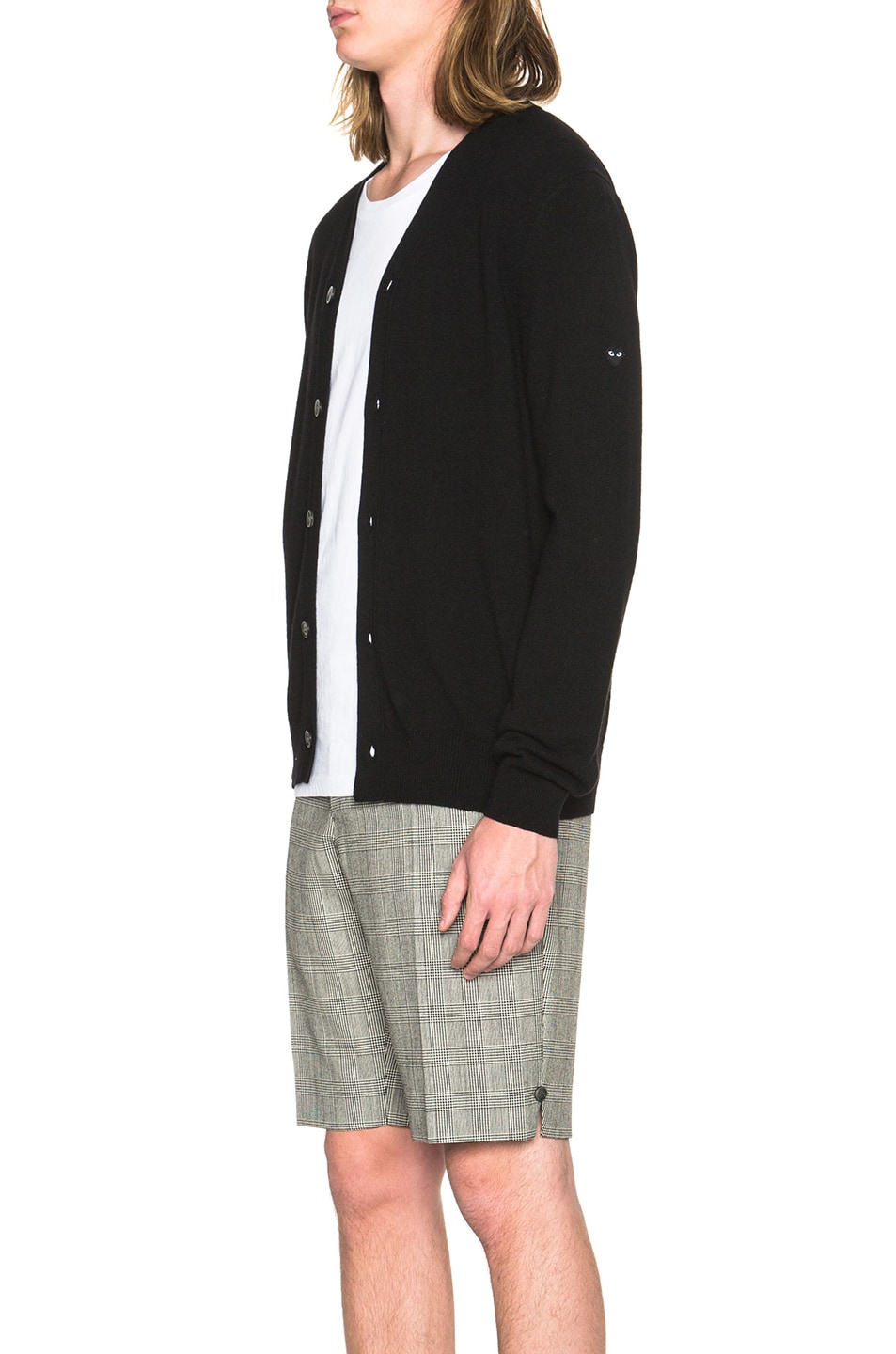 Image 1 of COMME des GARCONS PLAY Lambswool Cardigan with Small Black Emblem Sleeve in Black