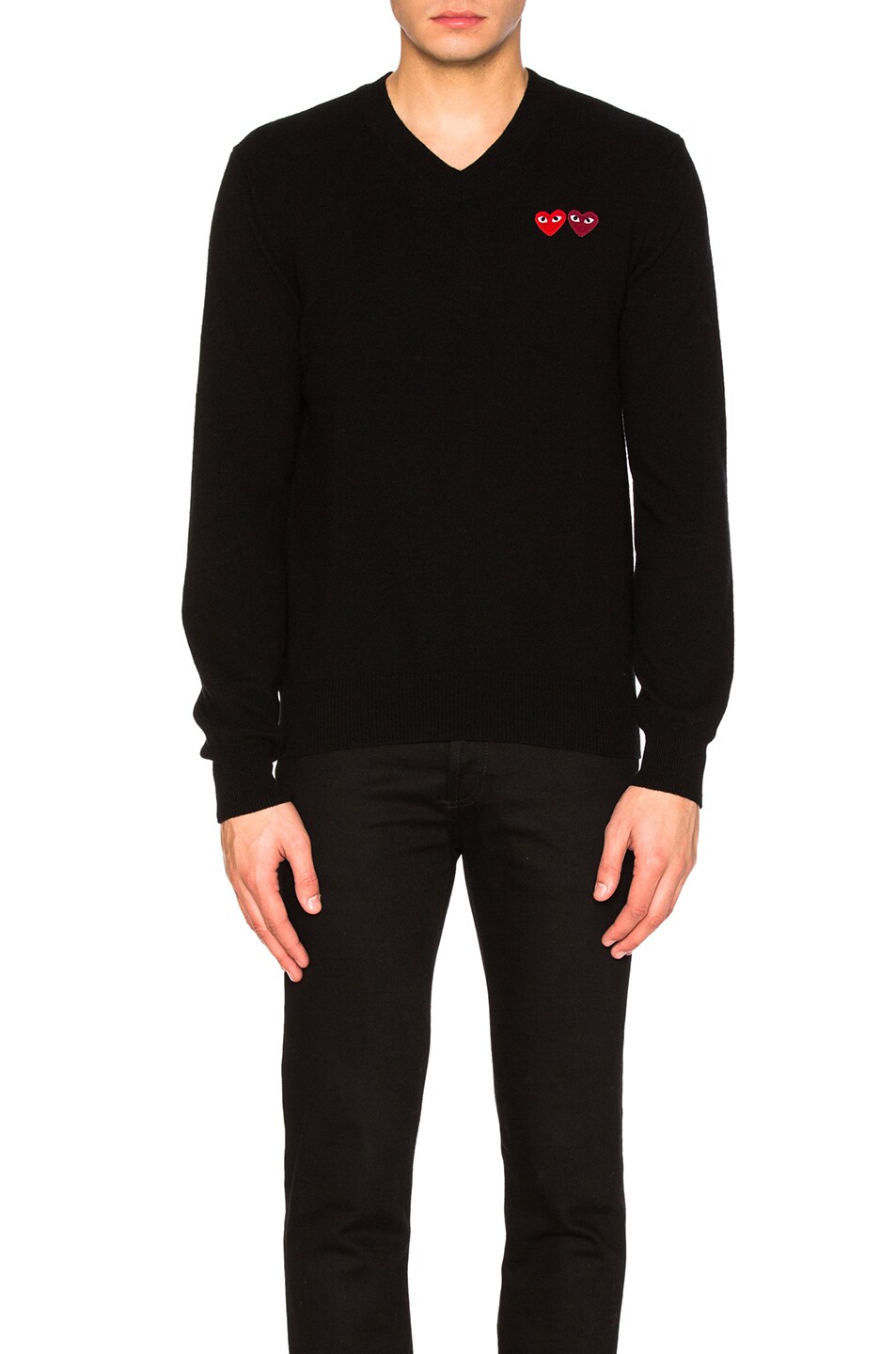 Image 1 of COMME des GARCONS PLAY V Neck Double Emblem Sweater in Black