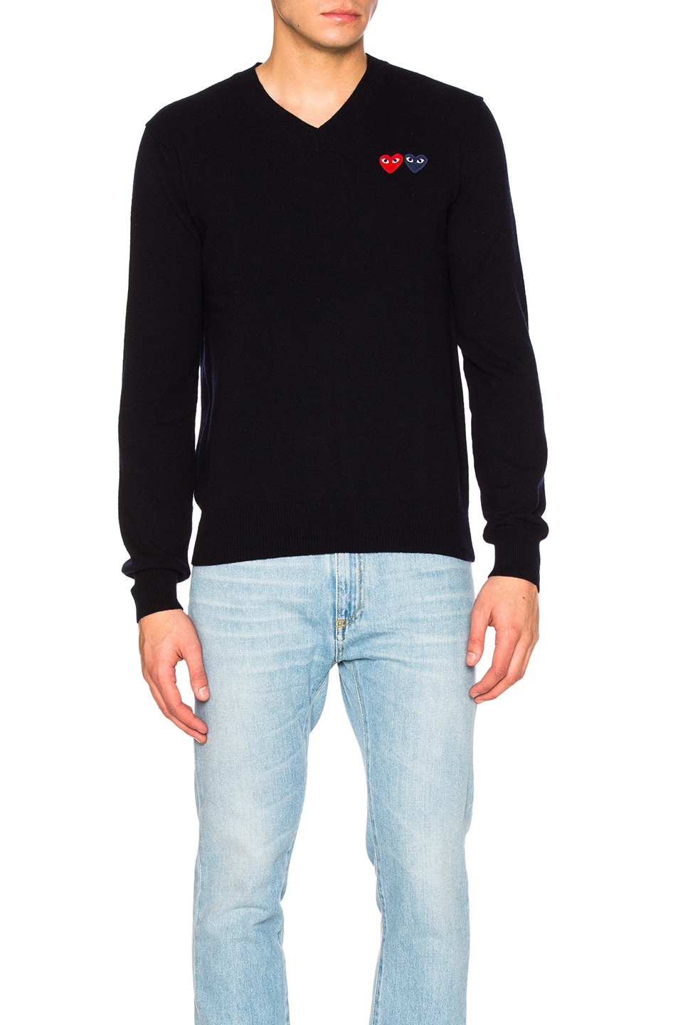 Image 1 of COMME des GARCONS PLAY V Neck Double Emblem Sweater in Blue