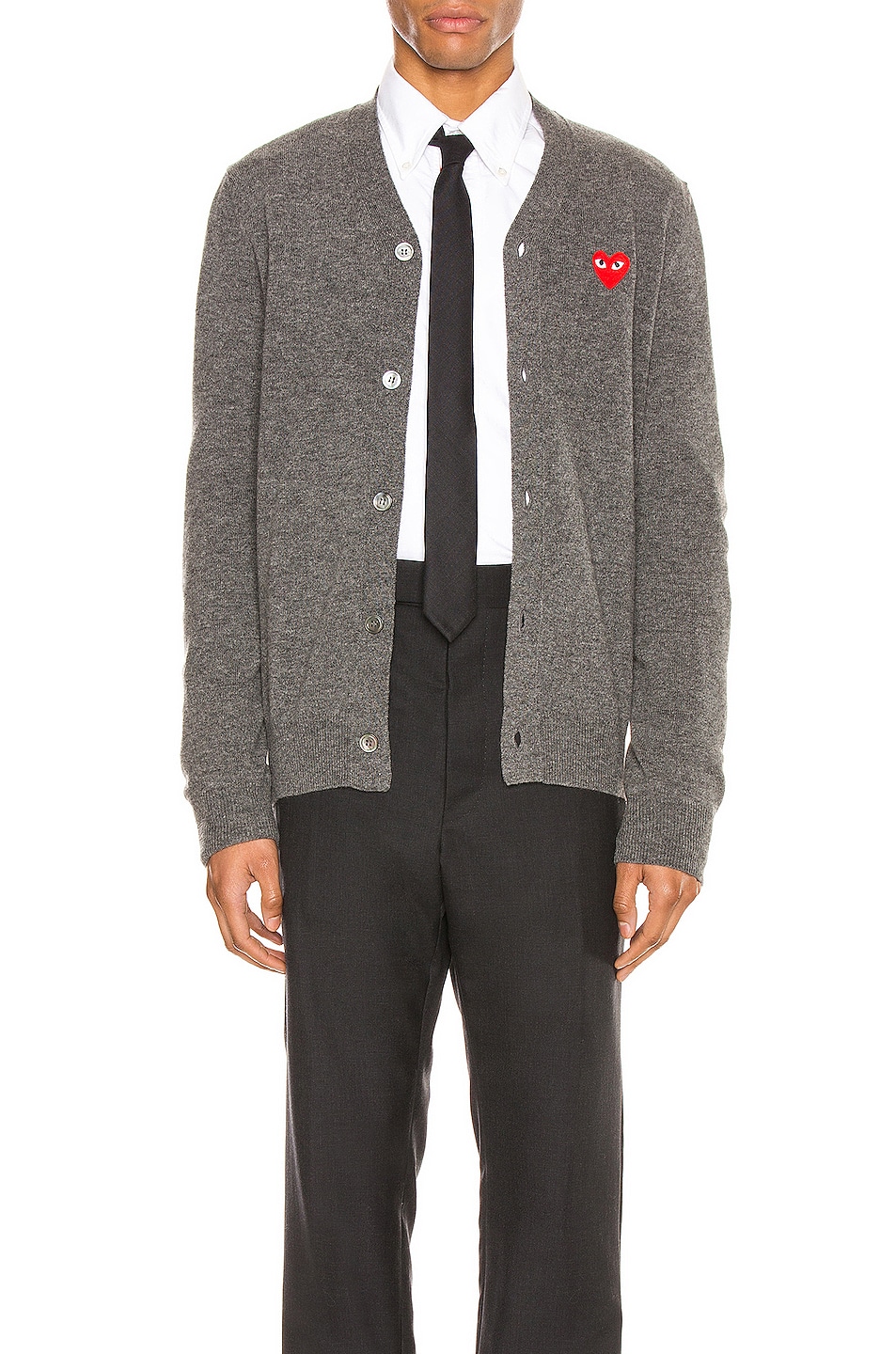 Image 1 of COMME des GARCONS PLAY Lambswool Cardigan with Red Emblem in Medium Grey