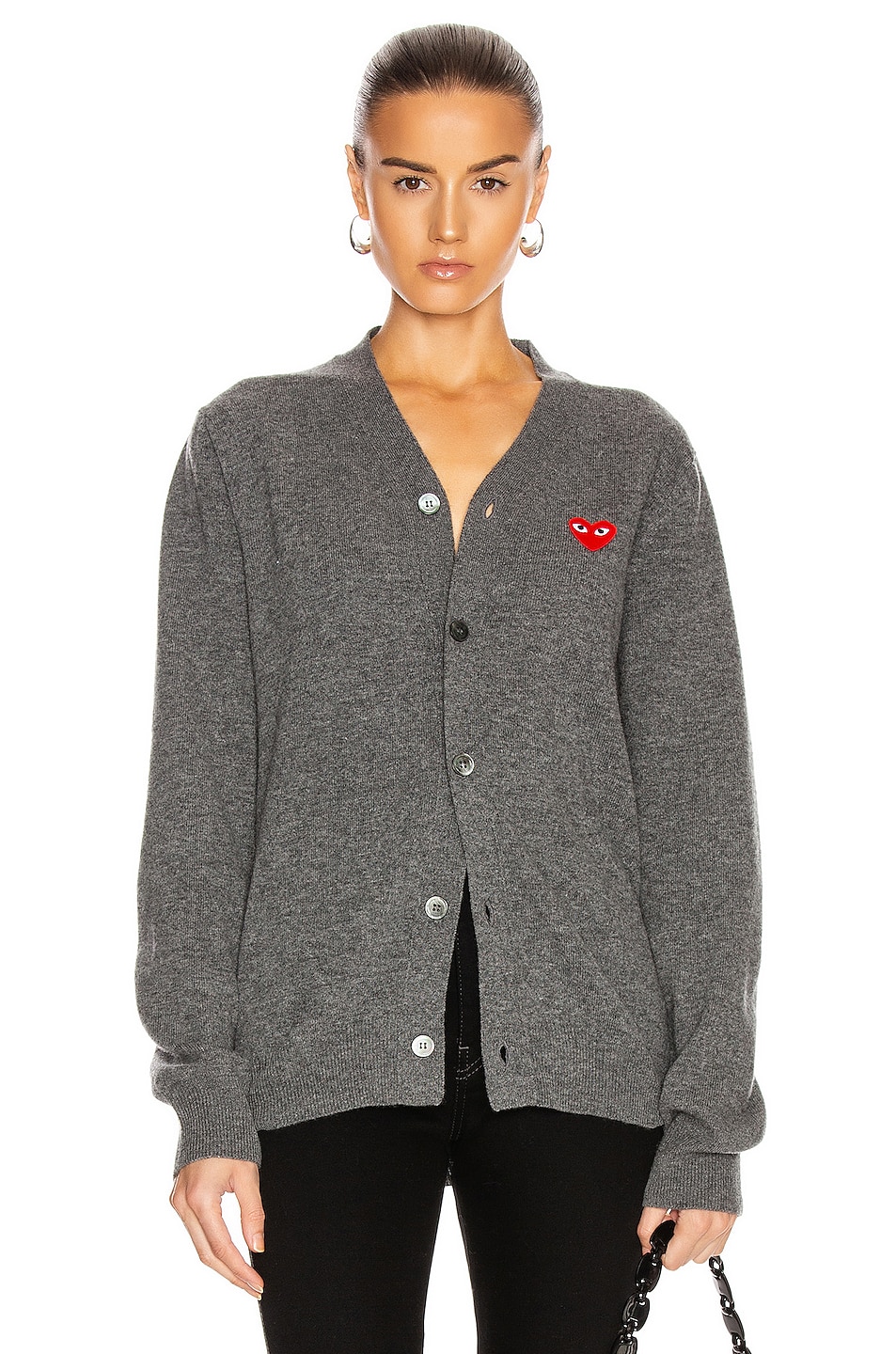 Image 1 of COMME des GARCONS PLAY Lambswool Cardigan with Red Emblem in Medium Grey