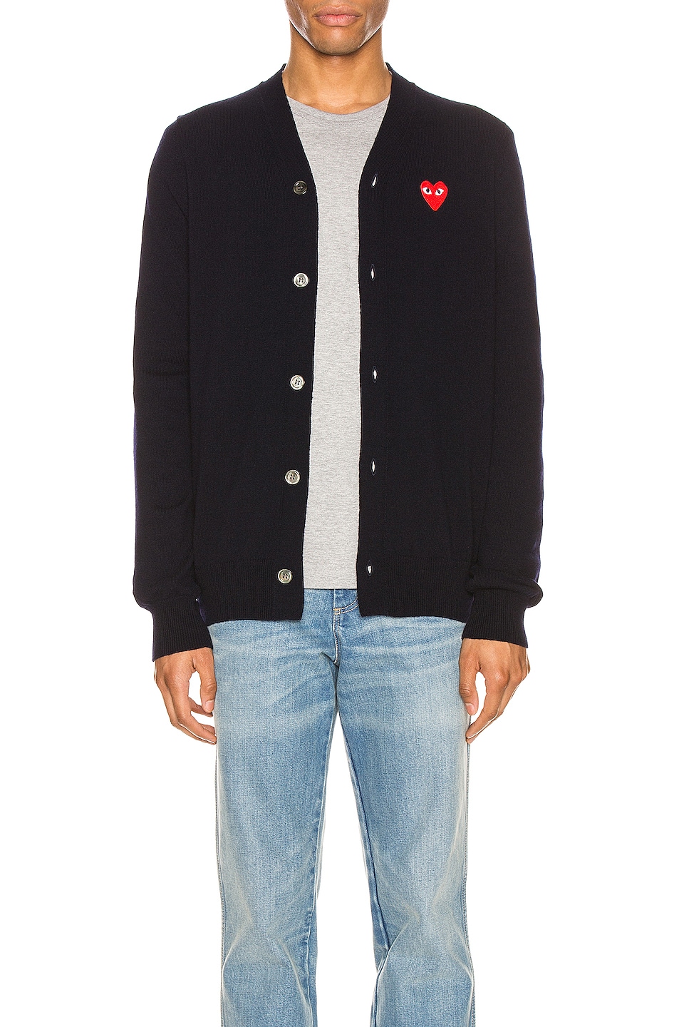 Image 1 of COMME des GARCONS PLAY Lambswool Cardigan with Red Emblem in Navy