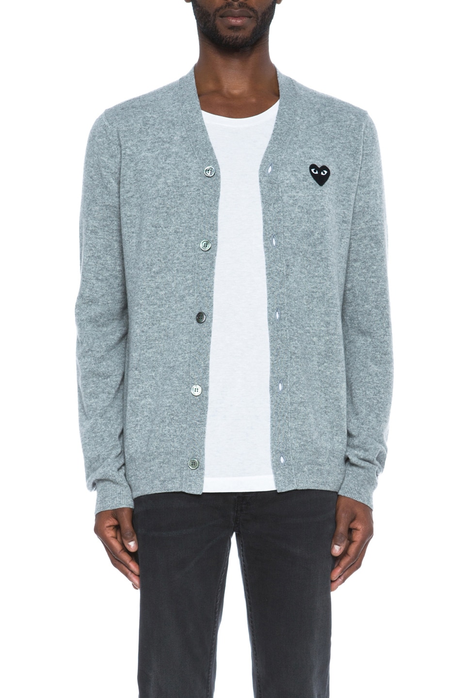 Image 1 of COMME des GARCONS PLAY Lambswool Cardigan with Black Emblem in Light Grey