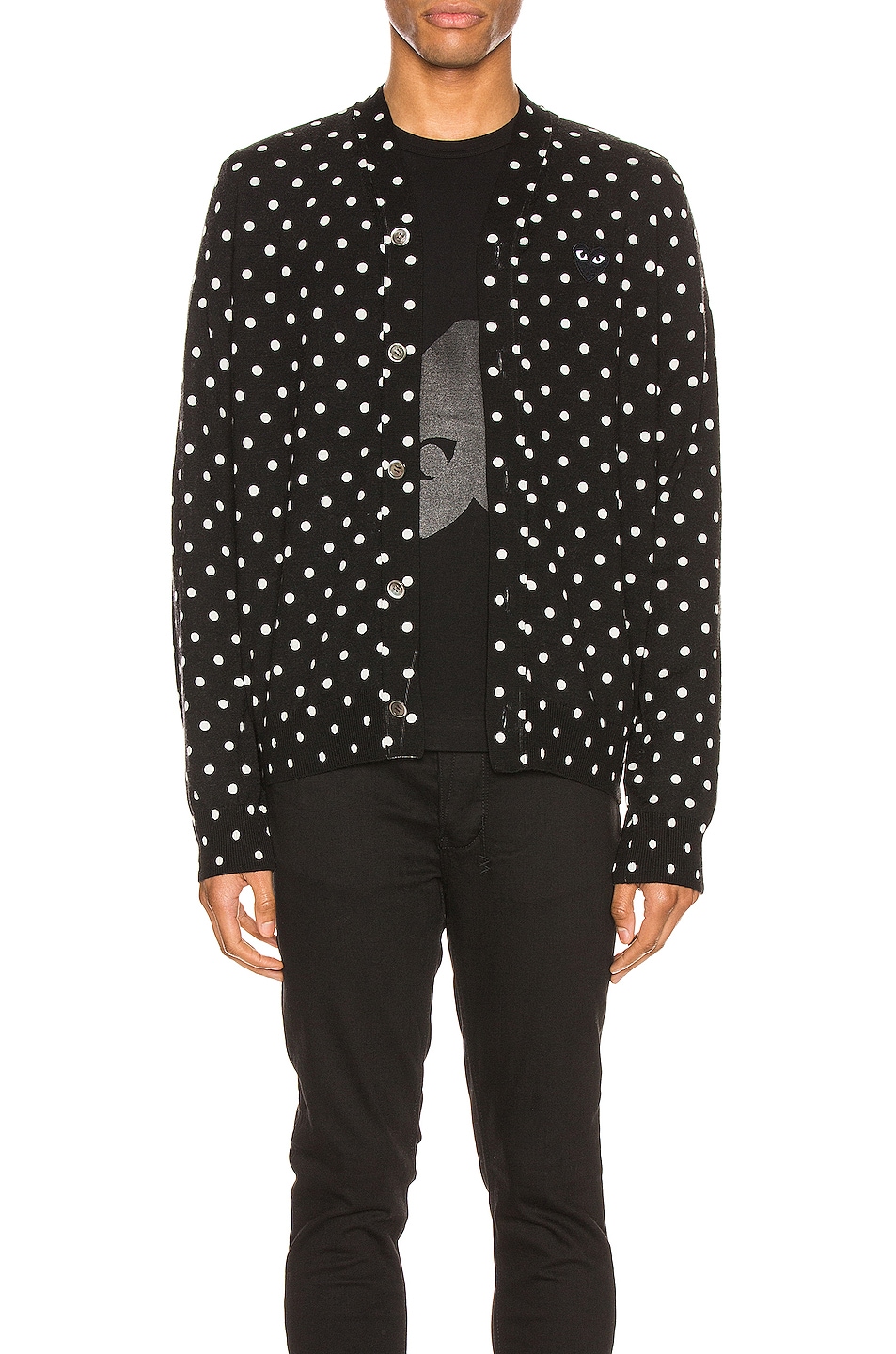 Image 1 of COMME des GARCONS PLAY Dot Print Wool Cardigan with Black Emblem in Black & Natural