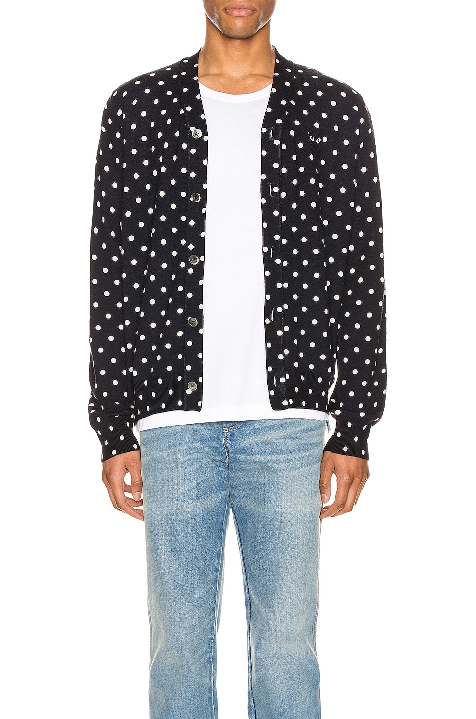 Image 1 of COMME des GARCONS PLAY Dot Print Wool Cardigan with Black Emblem in Navy & Natural