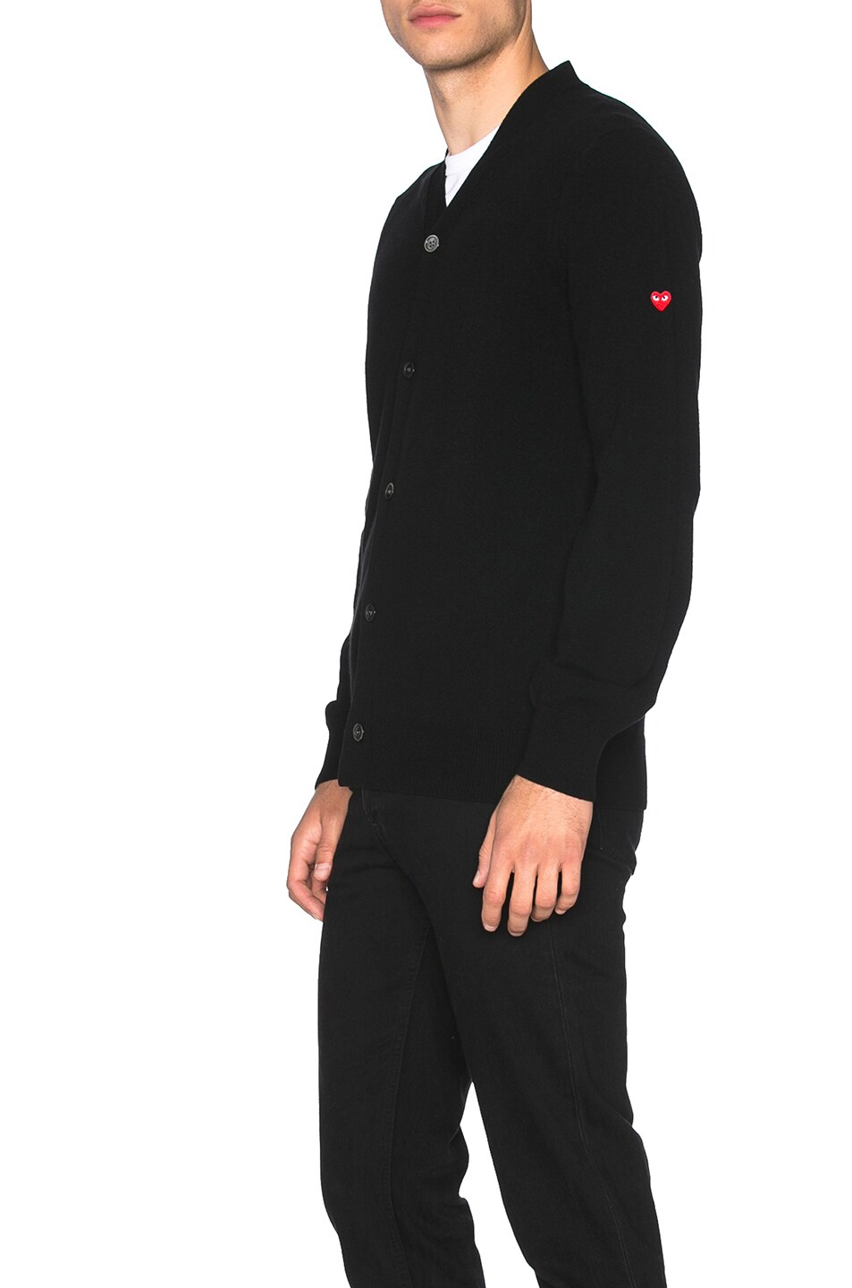 Image 1 of COMME des GARCONS PLAY Lambswool Cardigan with Small Red Emblem Sleeve in Black