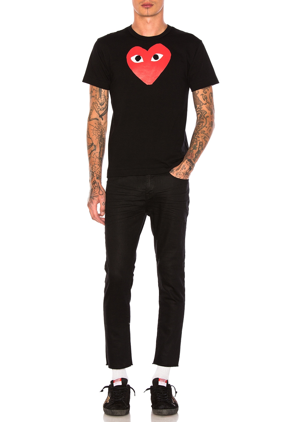 Image 1 of COMME des GARCONS PLAY Printed Red Heart Cotton Tee in Black
