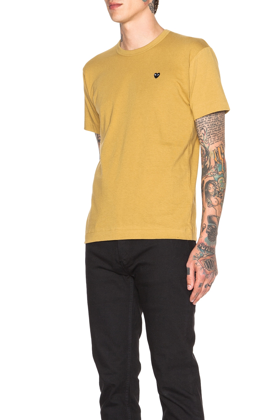 Comme Des Garcons Play Small Black Emblem Cotton Tee In Yellow Fwrd Small Black Emblem Cotton Tee In Yellow