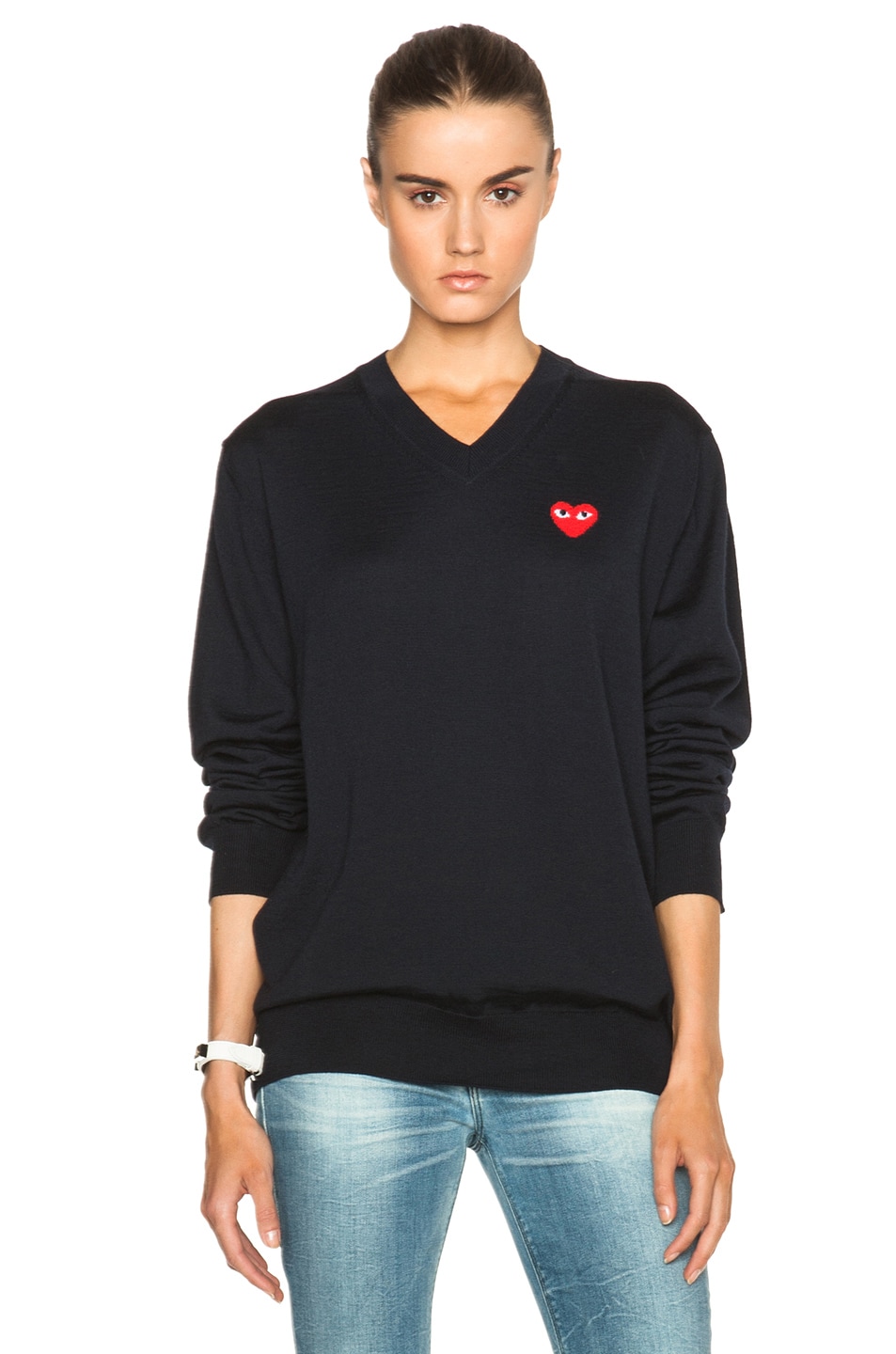 Image 1 of COMME des GARCONS PLAY Wool Jersey Intarsia Red Emblem Sweater in Navy