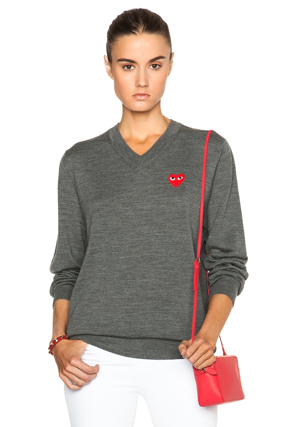 Image 1 of COMME des GARCONS PLAY Wool Jersey Intarsia Red Emblem Sweater in Top Grey