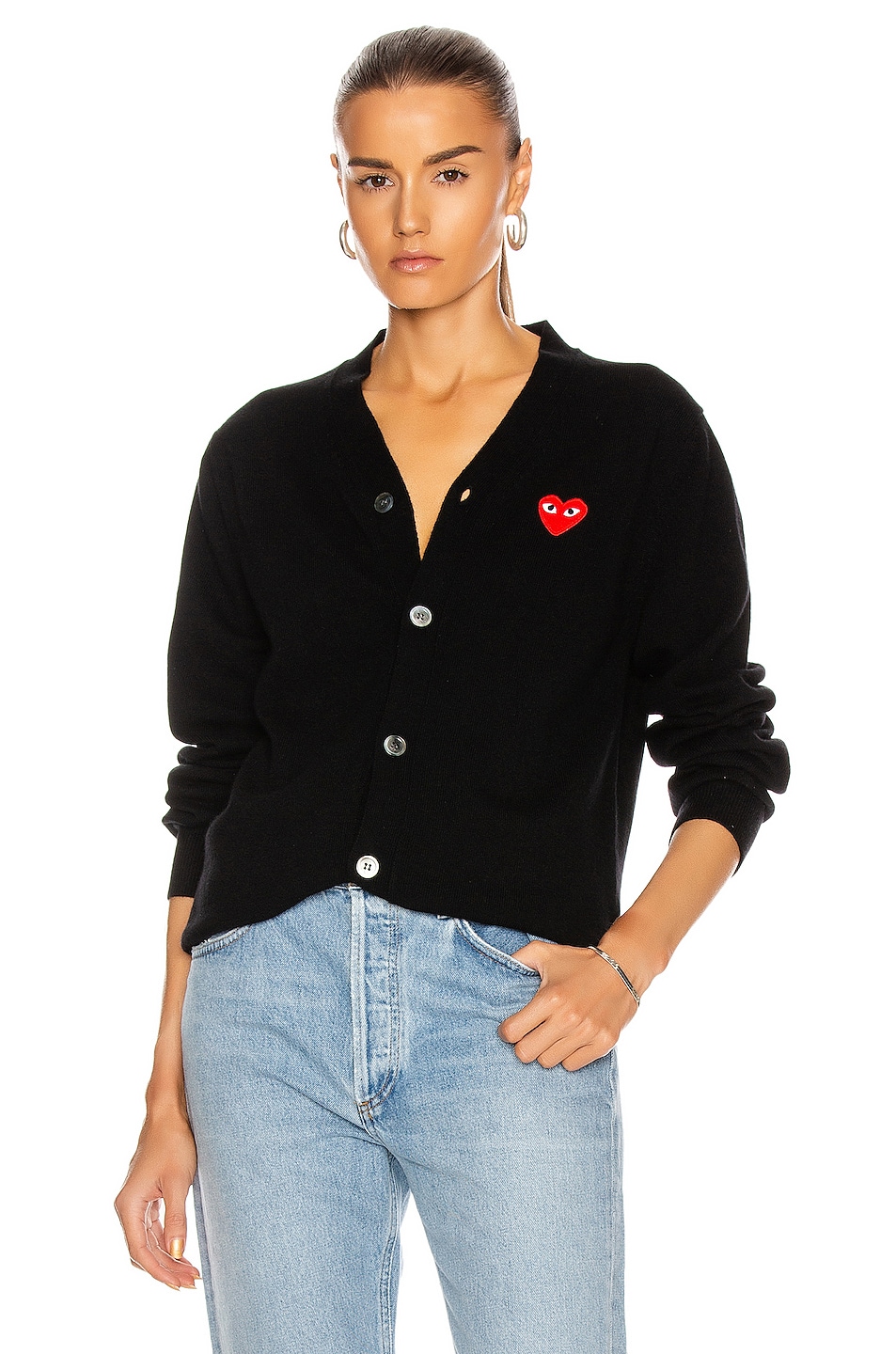 Image 1 of Comme Des Garcons PLAY Wool Red Heart Emblem Cardigan in Black