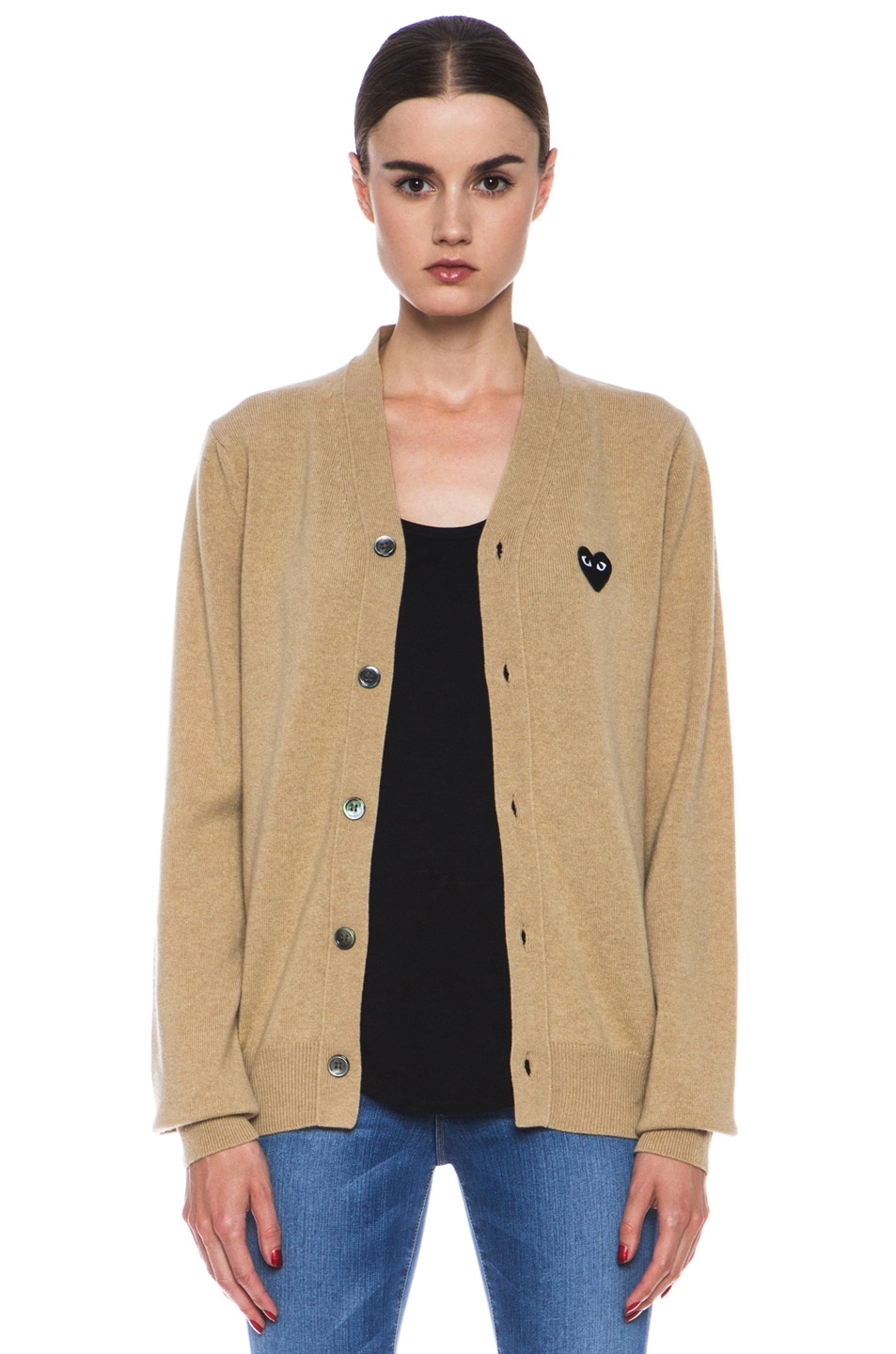 Image 1 of COMME des GARCONS PLAY Wool Black Heart Emblem Cardigan in Light Camel