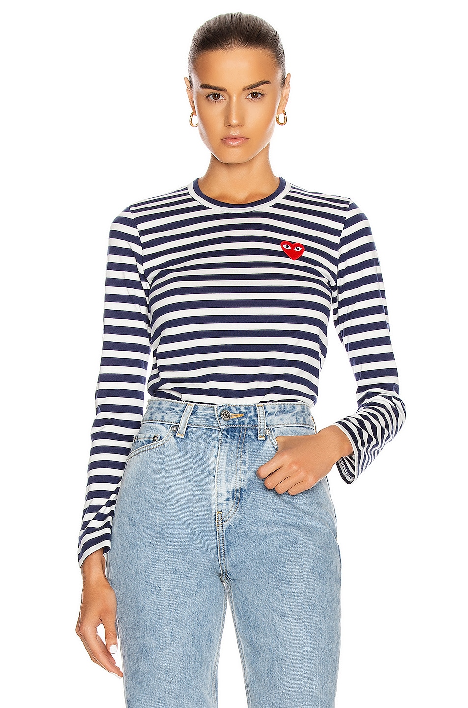 Image 1 of COMME des GARCONS PLAY Stripe Red Heart Tee in Navy