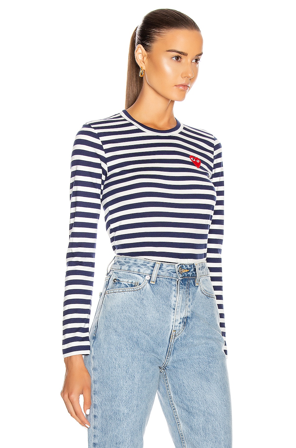 COMME des GARCONS PLAY Stripe Red Heart Tee in Navy | FWRD