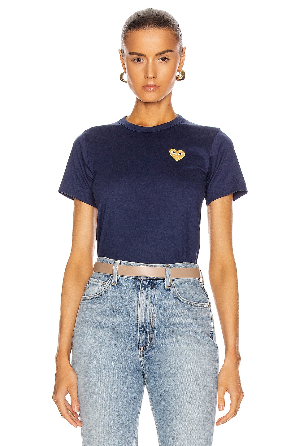 COMME des GARCONS PLAY Gold Heart Emblem Tee in Navy | FWRD