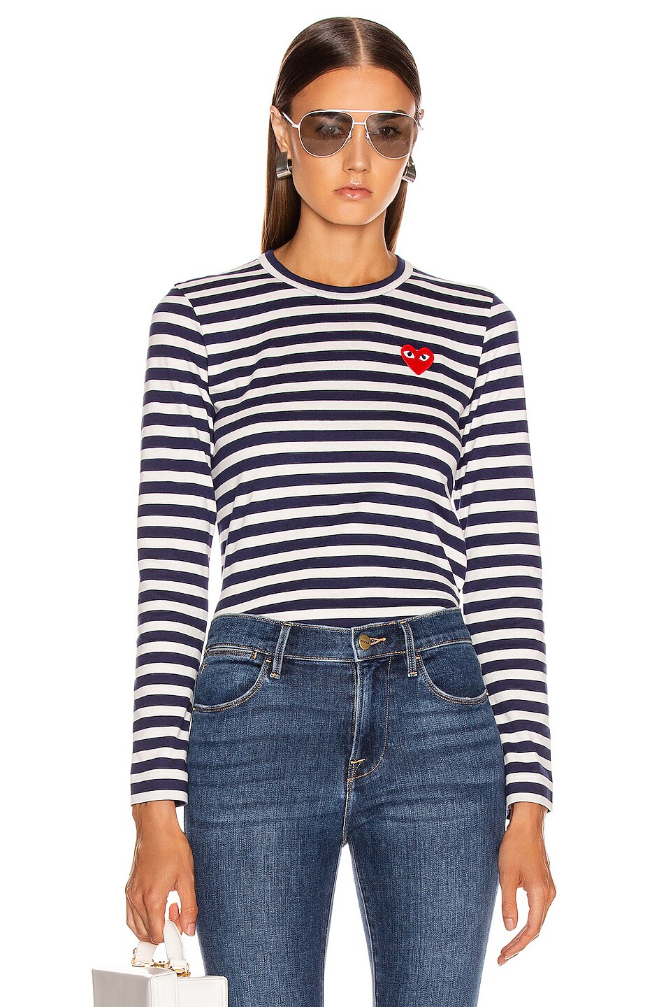 Image 1 of COMME des GARCONS PLAY Red Heart Striped Tee in Navy & White
