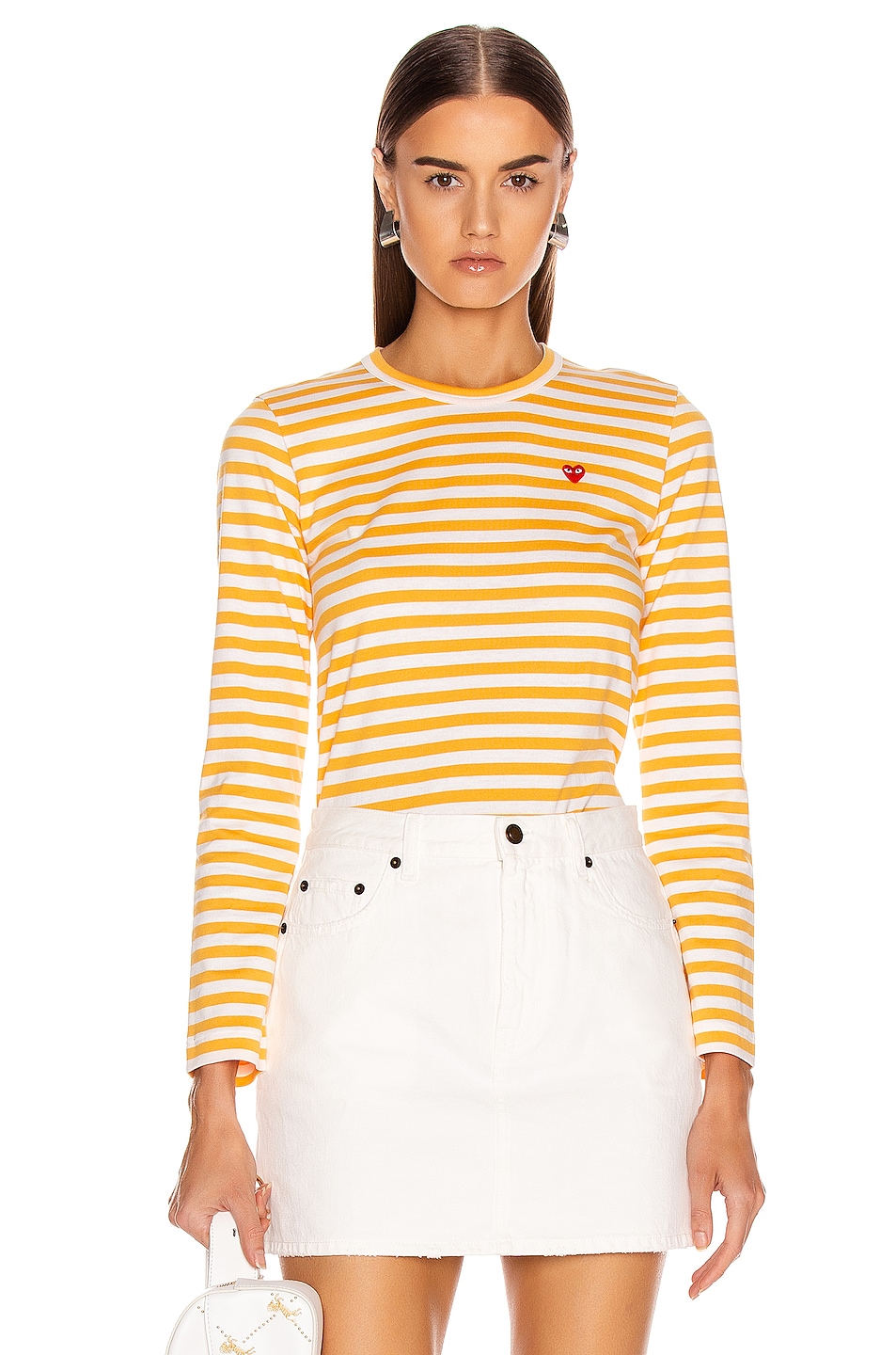 Image 1 of COMME des GARCONS PLAY Small Red Heart Striped Tee in Yellow