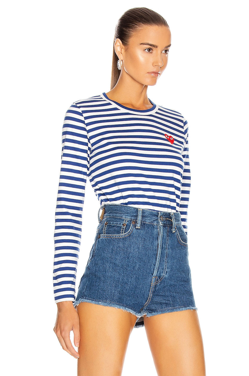 COMME des GARCONS PLAY Striped Cotton Red Heart Tee in Blue | FWRD