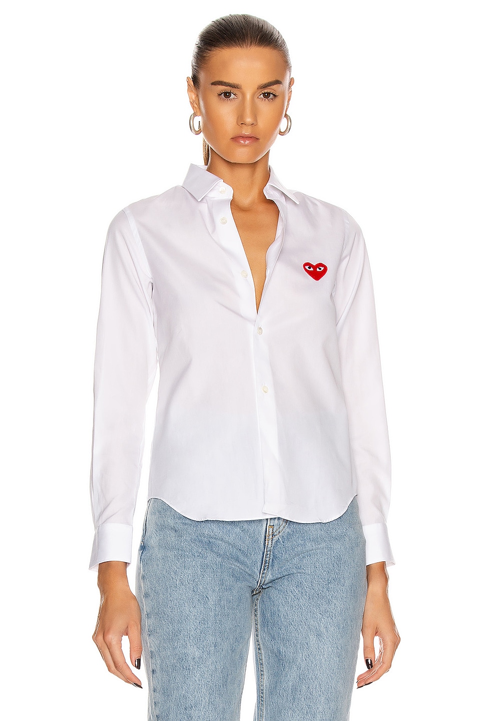 COMME des GARCONS PLAY Cotton Button Down with Red Emblem in White | FWRD