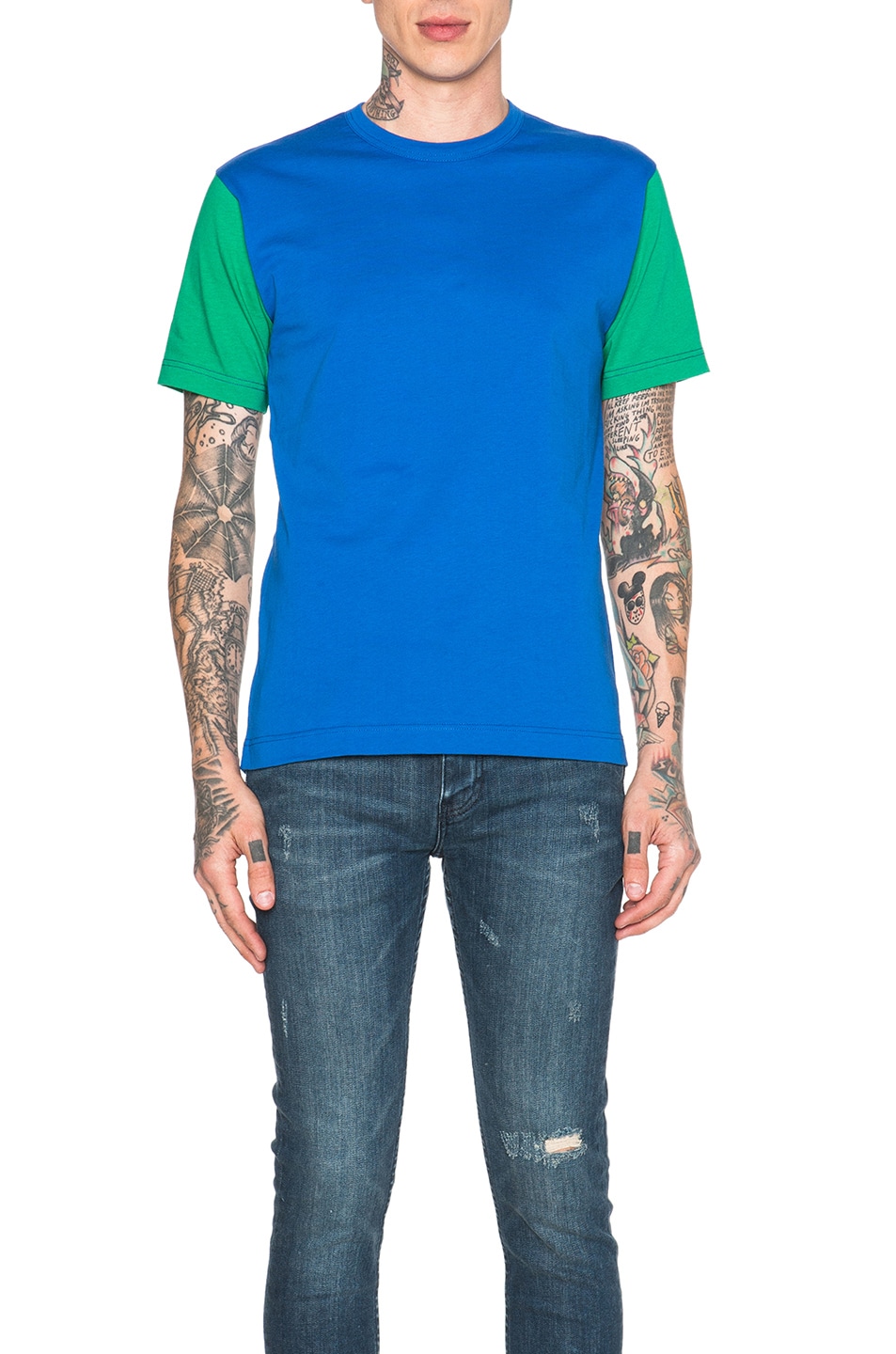 Image 1 of COMME des GARCONS SHIRT Contrast Sleeve Tee in Blue & Green