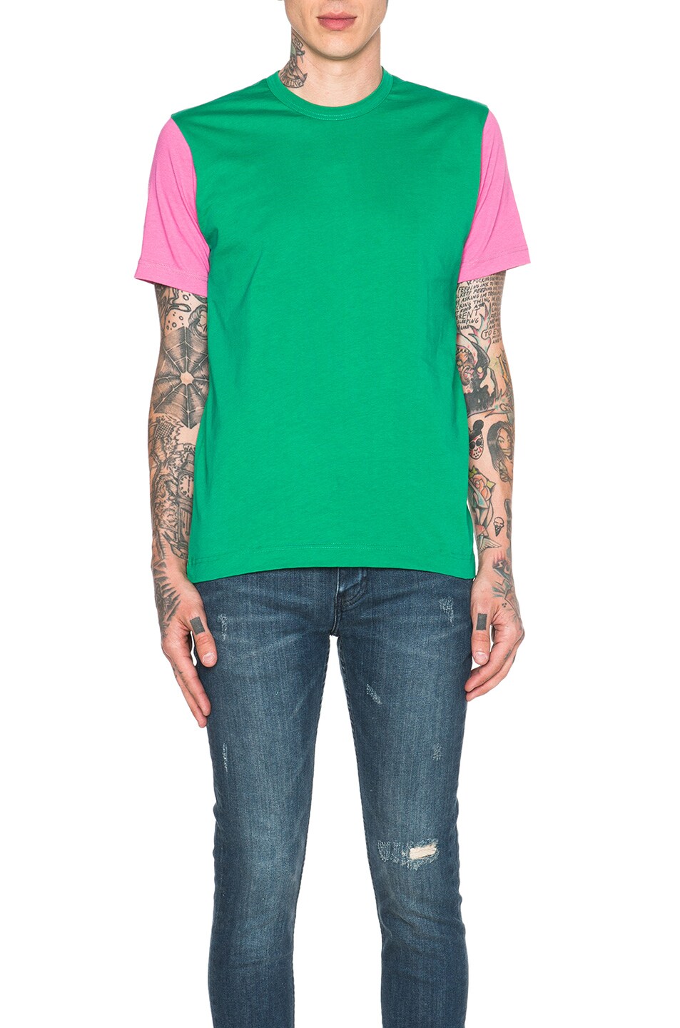 Image 1 of COMME des GARCONS SHIRT Contrast Sleeve Tee in Green & Pink