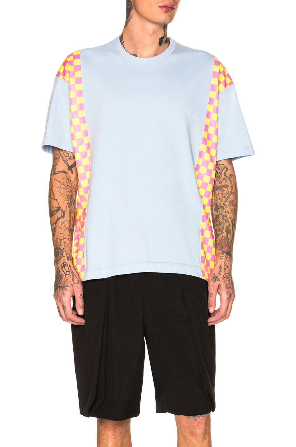 Image 1 of COMME des GARCONS Homme Plus Check Pattern Print Tee in Blue & Pink & Yellow