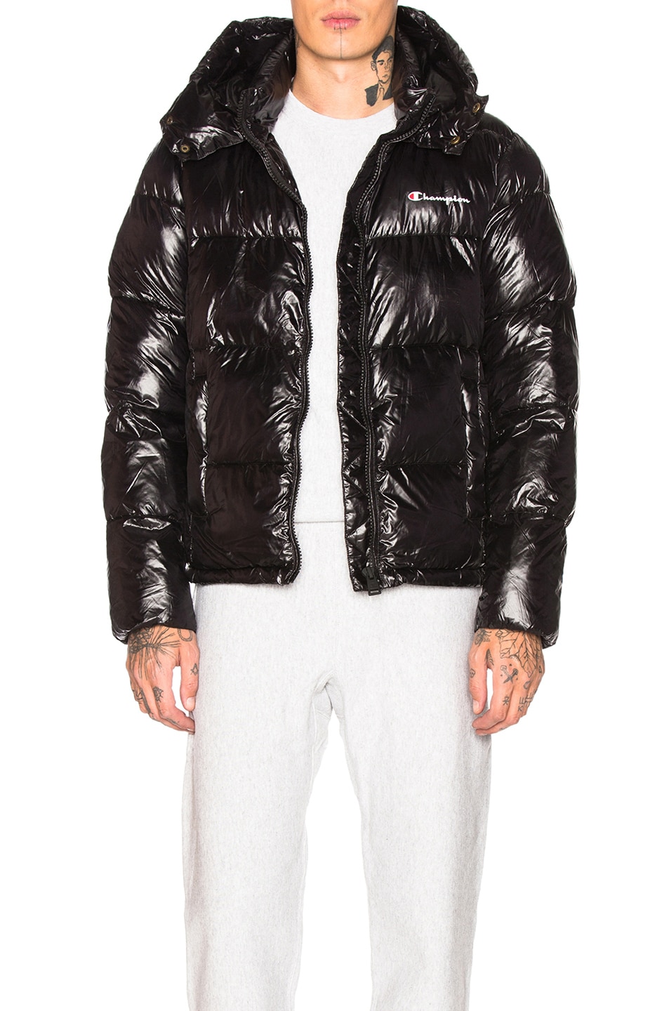 Image 1 of Champion Reverse Weave Hooded Puffer Jacket in Black