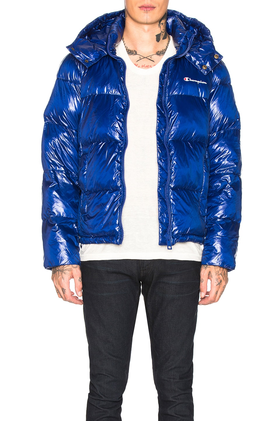 Champion Reverse Weave Hooded Puffer Jacket in Royal Blue | FWRD