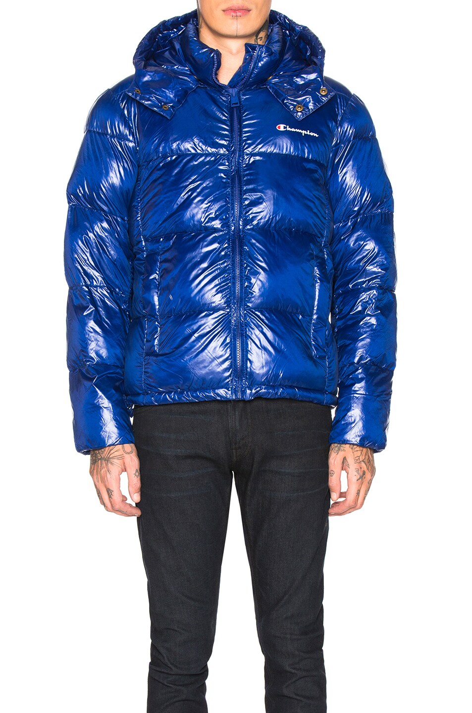 Champion Reverse Weave Hooded Puffer Jacket in Royal Blue FWRD